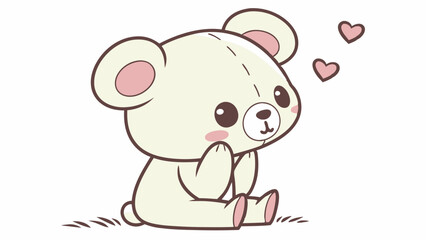 Adorable Sitting Bear: A charming illustration of a cute, cream-colored teddy bear sitting on the ground, blushing and surrounded by hearts. Perfect for children's books, cards.