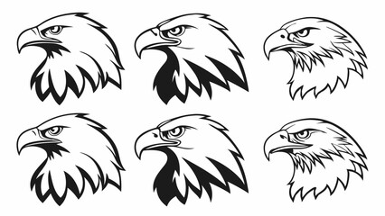 Eagle Head Silhouette Set: Six powerful and majestic eagle head silhouettes, perfect for logos, emblems, or any design project needing a touch of fierce strength and freedom.  