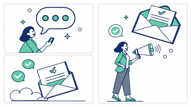 Effective Communication: A vibrant illustration showcasing four scenes of successful communication—messaging, email delivery, and announcements—using a minimalist, modern design style.