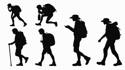 Hiking Silhouettes:  A set of six unique silhouettes depicting hikers in various stages of their journey, from weary to determined.  Perfect for illustrating adventure, exploration.