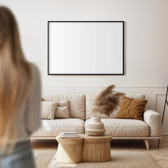 A young woman stands with her back turned to us, gazing at an empty frame on the wall of a modern beige room