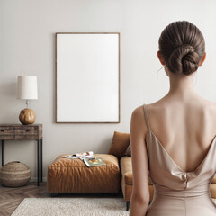 A young woman stands with her back turned to us, gazing at an empty frame on the wall of a modern beige room