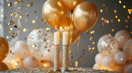 A stylish indoor birthday setup with golden balloons, elegant candles and shimmering confetti creating a festive feel