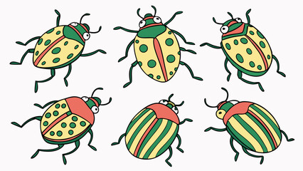 Cute Cartoon Bugs: Six adorable cartoon bugs in various poses, with bright green and yellow bodies, red spots, and striped patterns, offering a playful and whimsical touch to any design.  