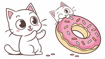 Cute Cat with Donut: A white kitten with big eyes, looking happy, with a donut. This cartoon illustration is perfect for a fun and playful design. 