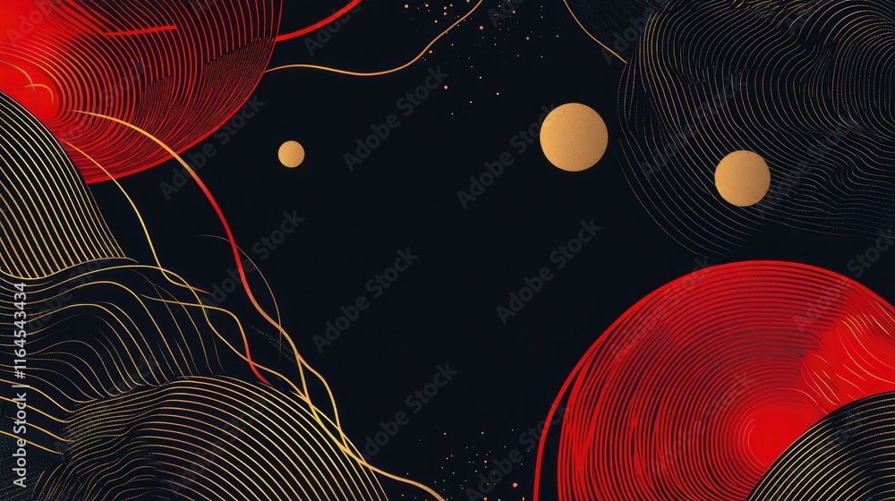 Poster sleek abstract chinese new year design, with minimal golden elements and red lines representing fest
