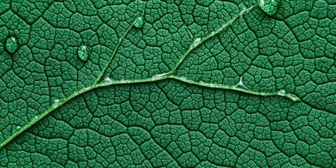 Obraz premium Close-up of Green Leaf Texture with Water Droplets on Surface