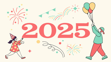 New Year's 2025 Celebration: A fun and cheerful illustration featuring two figures celebrating New Year's Eve with fireworks, confetti, and balloons.  The year 2025 stands out in bold red.