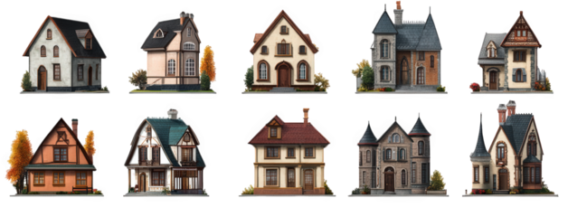a collection of ten distinct house designs. each featuring unique architectural styles. colors. and details the houses vary in shape and structure. highlighting a range of aesthetics from traditional