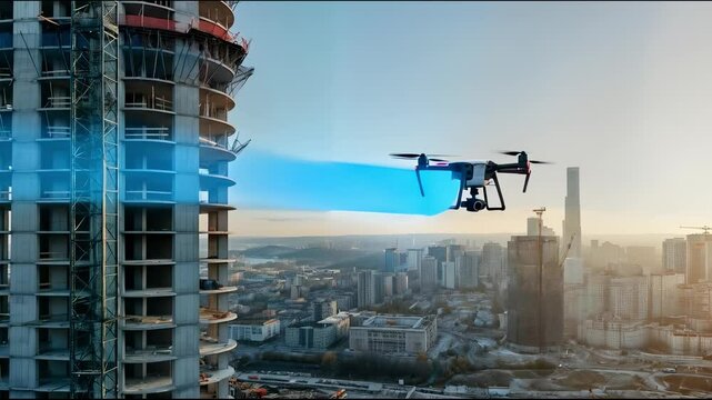 Quadcopter drone performing precision 3d laser scanning of unfinished skyscraper during early morning light, capturing architectural details with advanced technological innovation