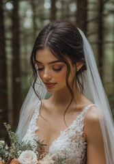 Beautiful bride with veil surrounded by nature in a serene forest setting