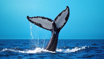 Fototapeta premium Whale tail breaching in ocean against blue sky
