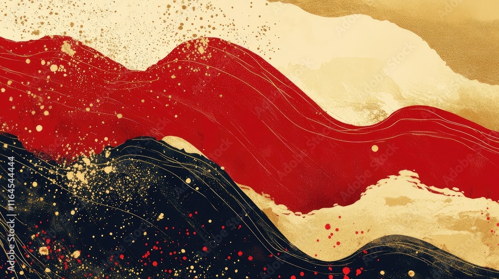 Poster simple yet striking chinese new year abstract art with minimalist red and gold patterns evoking bala