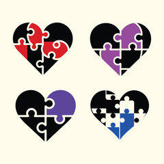 heart shaped puzzle silhouette and color vector set design illustration