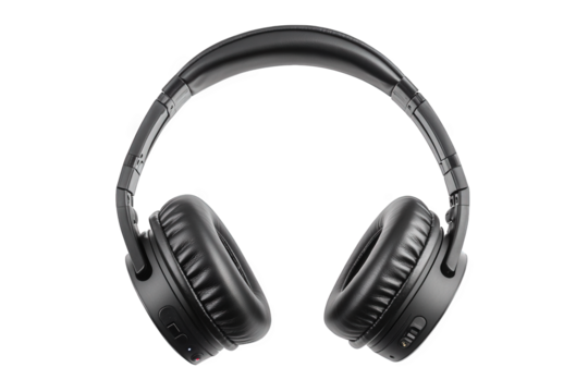 pair of black over-ear headphones positioned upright against a white background. showcasing their design and features the headphones are designed for comfortable listening. suitable for music. gaming.