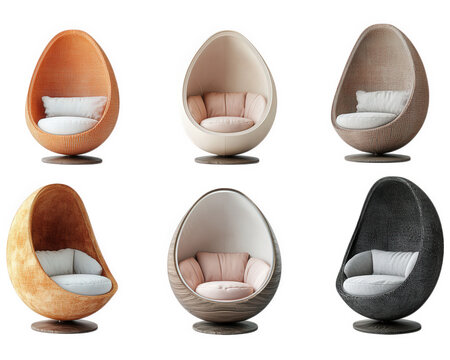 a collection of six modern egg-shaped chairs in various colors and materials. designed for comfort and aesthetic appeal each chair features a cushioned seat and a unique base. making them suitable for
