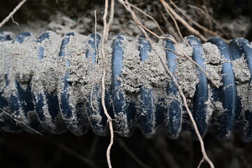 An overgrown plastic earth tube for electric cables.