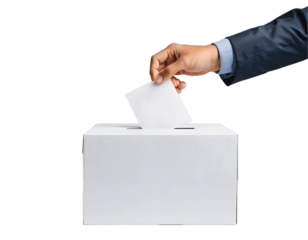 Businessperson Casting Ballot into a White Voting Box