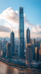 Fototapeta premium Skyline view of modern skyscrapers in a bustling city during sunny afternoon