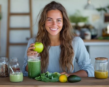 A woman is smiling and holding an apple in front of a table with various fruits - Powered by Adobe