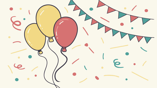 Celebration Balloons and Bunting:  A delightful hand-drawn illustration of colorful balloons and festive bunting, perfect for adding a touch of joy to any celebration.  
