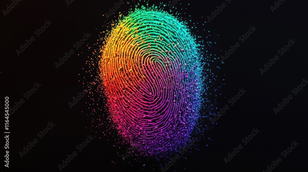 Poster colorful abstract fingerprint design with vibrant particle effects
