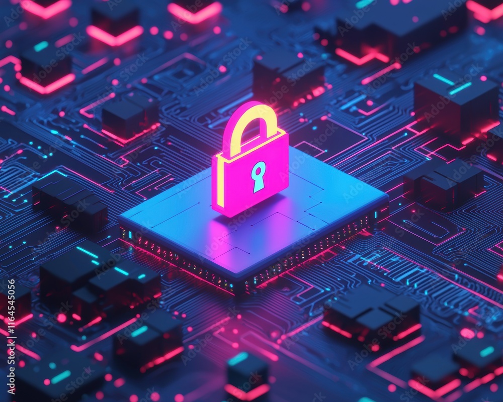 Poster digital security concept with lock on circuit board background