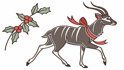 Nyala Antelope with Holly and Berries: Festive illustration of a Nyala antelope adorned with a red ribbon, accompanied by a sprig of holly berries. Perfect for Christmas cards, winter decorations.