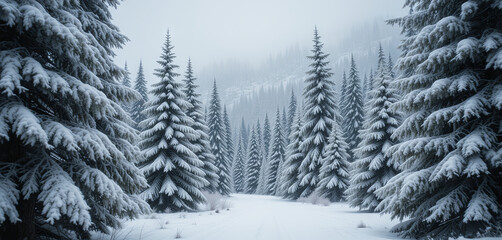 Fototapeta premium Tall pine trees blanketed in fresh snow create a tranquil winter atmosphere. A narrow path winds through the forest, inviting exploration and peaceful reflection in nature
