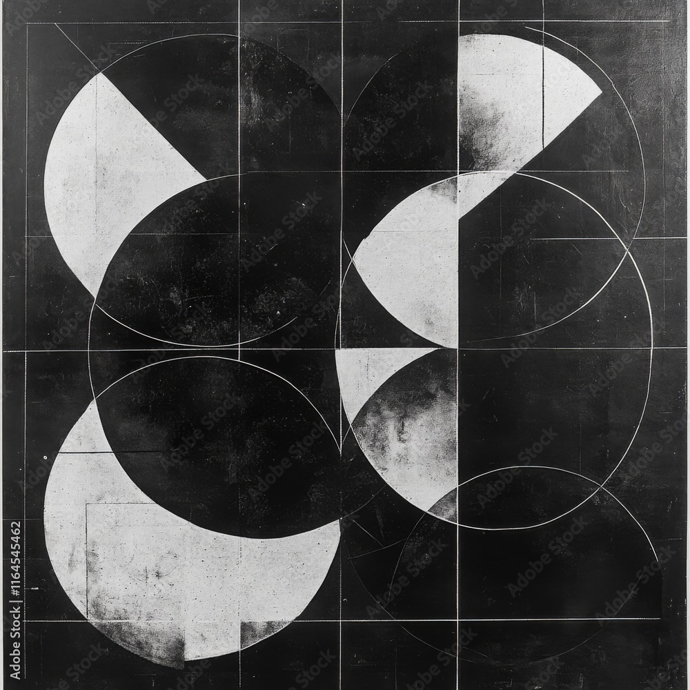 Poster abstract black and white geometric artwork with overlapping circles and squares.