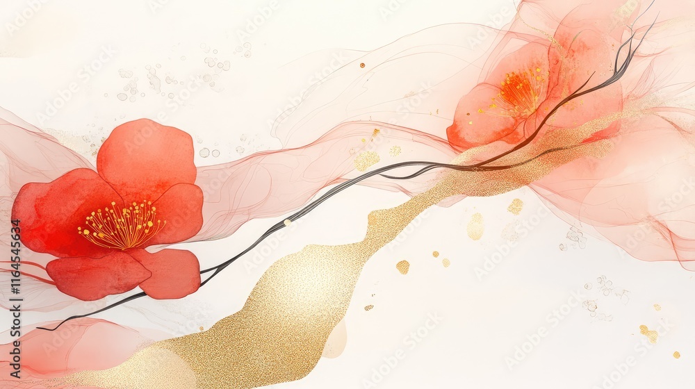 Poster soft abstract spring festival design with minimal red and gold elements, representing new beginnings