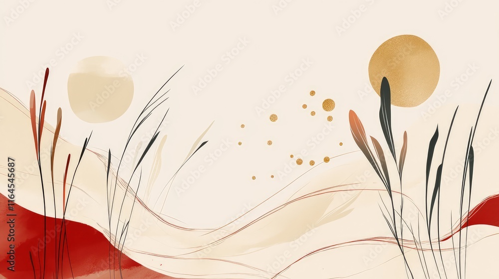 Poster soft abstract spring festival design with minimal red and gold elements, representing new beginnings