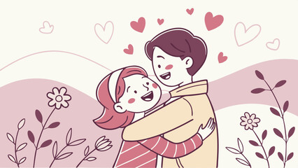 Sweet Embrace: A couple lovingly embraces in a heartwarming illustration, surrounded by flowers and hearts. The soft colors and simple lines evoke a sense of tenderness and love. 