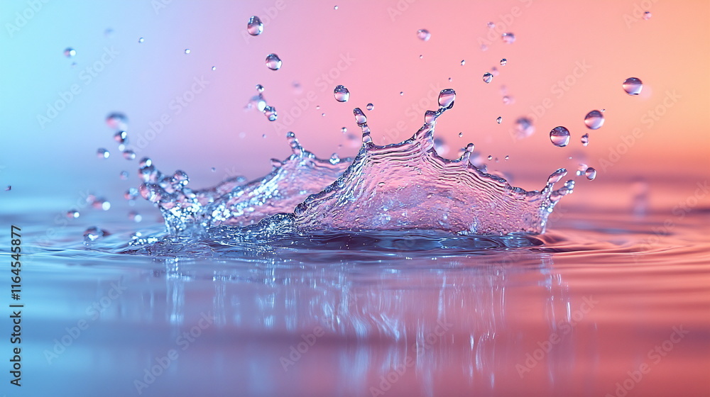 Poster colorful water splash creating ripples in a serene setting during soft evening light