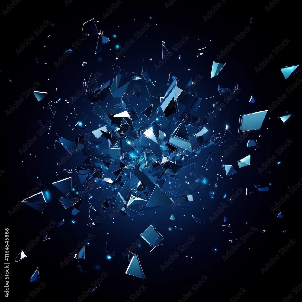 Poster abstract dark blue shattered geometric shapes exploding.
