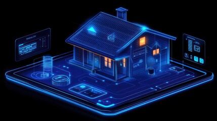 Fototapeta premium A futuristic smart home model with digital interfaces and glowing elements.