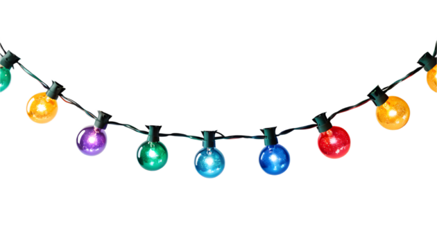 Colorful Christmas string lights with transparent background