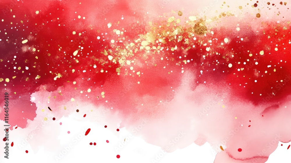 Poster sparkling gold confetti and red watercolor strokes creating a luxurious abstract background.