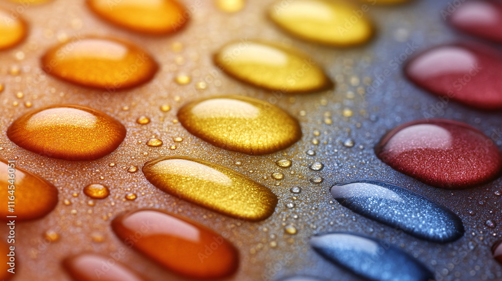 Poster colorful droplets on a textured surface create a stunning visual display of light and reflection dur