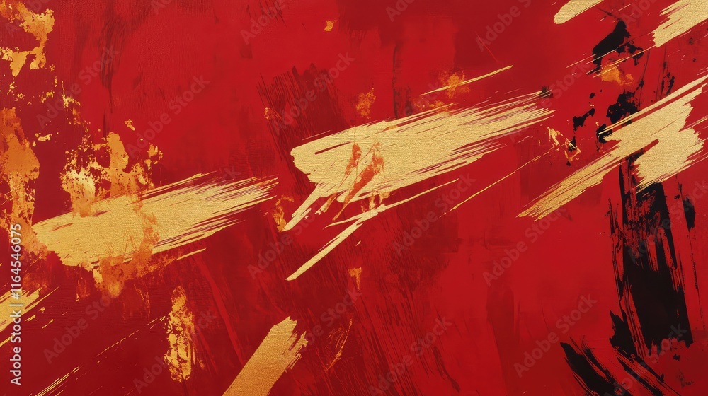 Poster stylish abstract red envelope design featuring bold red blocks and delicate golden brushstrokes.