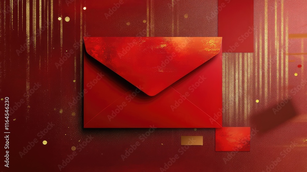 Poster stylish abstract red envelope design featuring bold red blocks and delicate golden brushstrokes.