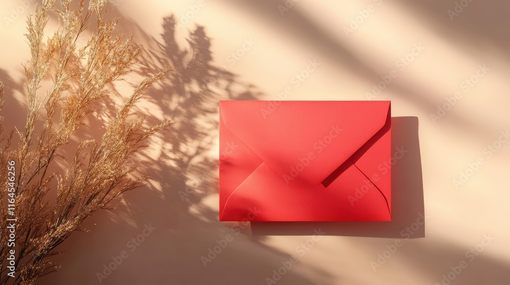 Poster stylish abstract red envelope design featuring bold red blocks and delicate golden brushstrokes.