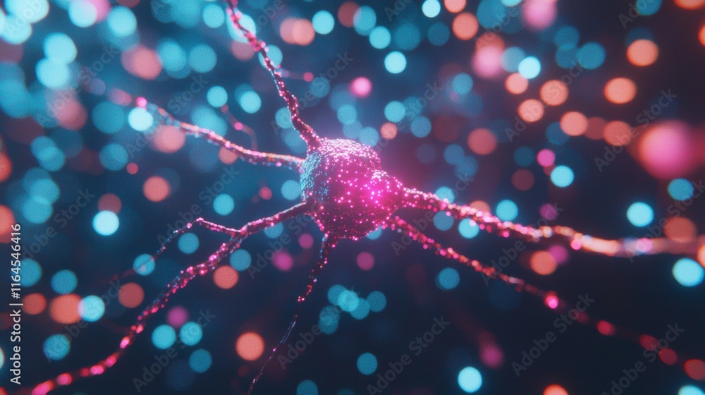 Poster colorful abstract depiction of a neuron with luminous particles