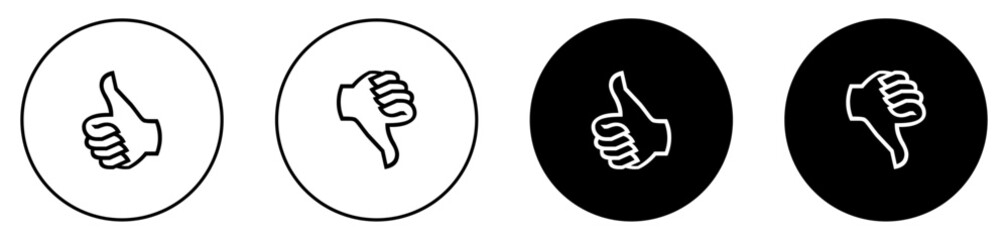 Thumbs up and thumb down, like and dislike icon set in black circle. Like and dislike icons buttons. Like and dislike icon on circle line. Flat design. Vector illustration.