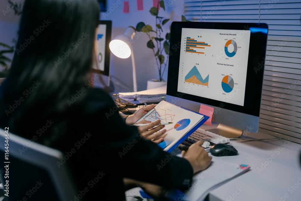 Leinwandbilder two businesswomen are working late in the office, analyzing financial charts displayed on a computer