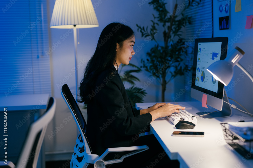 Poster focused asian businesswoman working late at modern office desk, analyzing data on computer screen un