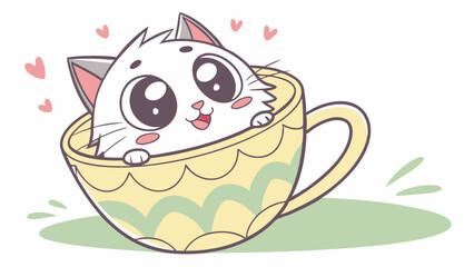 Cute Cat in a Cup: Adorable cartoon cat with big eyes peeking out of a yellow cup, surrounded by hearts.  Perfect for expressing affection and adding a touch of whimsy to your projects. 