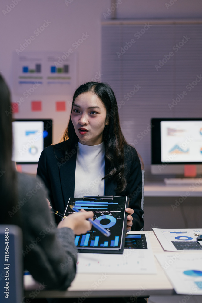Poster two asian businesswomen are discussing financial charts on a clipboard in a modern office at night, 