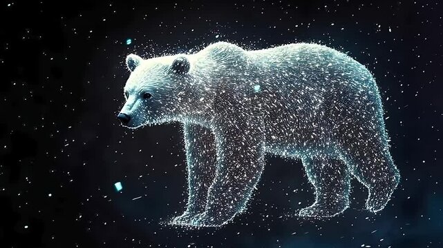 White bear made of glowing particles in space.