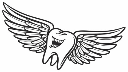 Flying Tooth Cartoon: A cartoon tooth with a mischievous grin soars through the air with majestic wings. This whimsical illustration is perfect for dental offices, children's books.